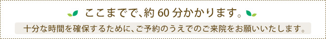 ここまでで、約60分かかります。十分な時間を確保するために、ご予約のうえでのご来院をお願いいたします。